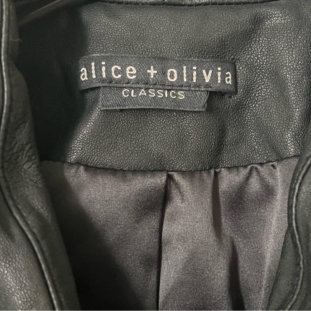 Alice + Olivia Lamb Leather Cropped Moto Jacket Draped Open Front Black-Size S - Picture 3 of 4